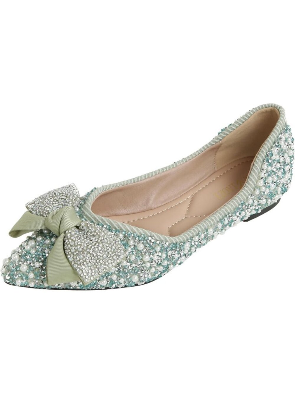Women's Green Suede Pointed Toe Rhinestone Ballet Flat Slip On Party Dress Shoes